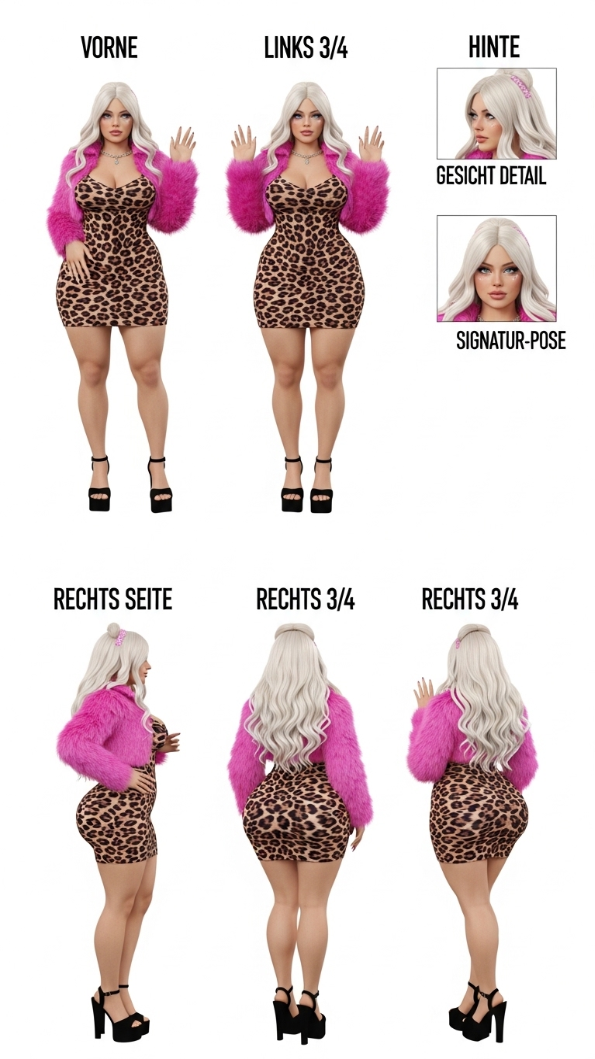 PMS, Frau im Leoparden-Kleid mit pinker Felljacke und Plateau-Heels