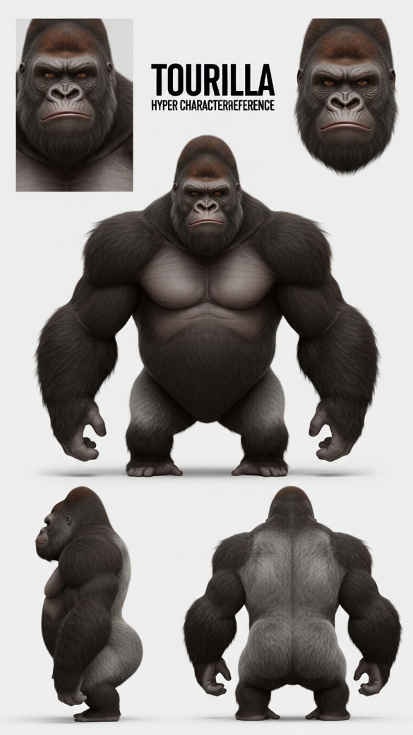 Tourilla Character Reference: hyperrealistischer Silberrücken-Gorilla in mehreren Ansichten